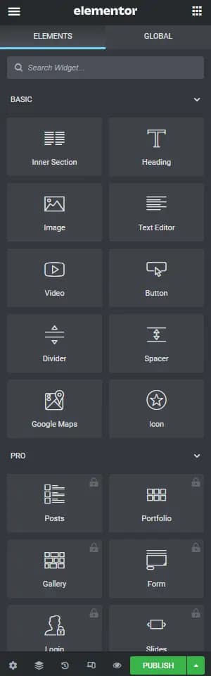 elementor widgets panel